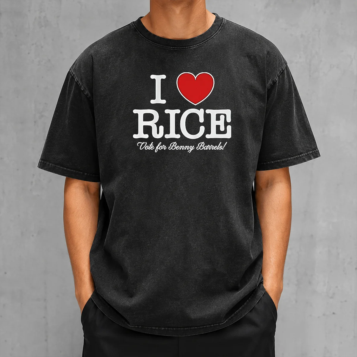 Premium I Love Rice Vote For Benny Barrels washed t shirt showing front design on soft, faded fabric