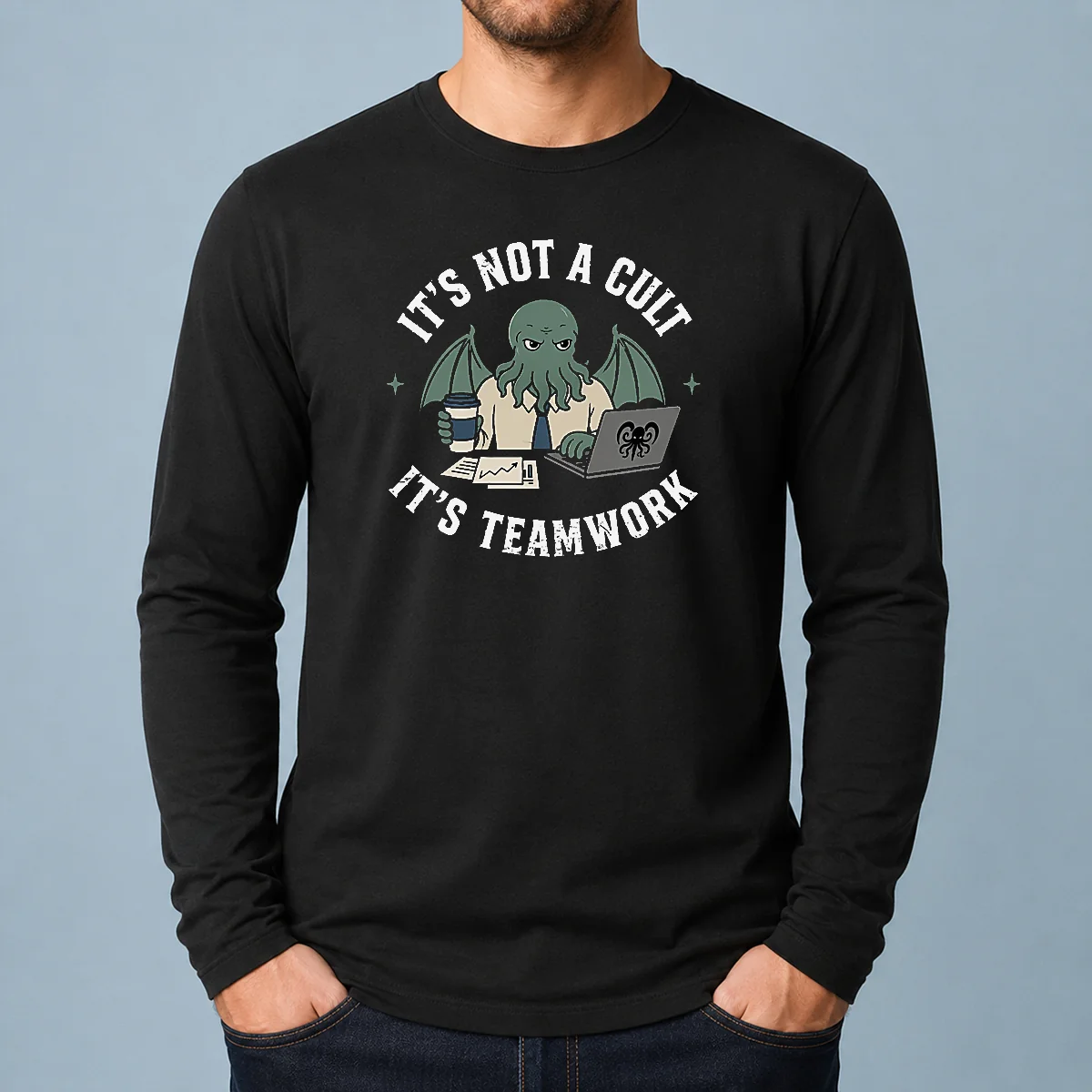 Premium It'S Not A Cult It'S Teamwork long sleeve shirt with bold text design on front, displayed on white background