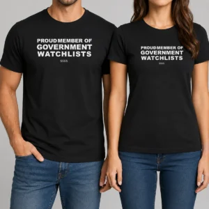 Premium Proud Member Of Government Watchlists SSSS t shirt in black, classic fit cotton tee with front print