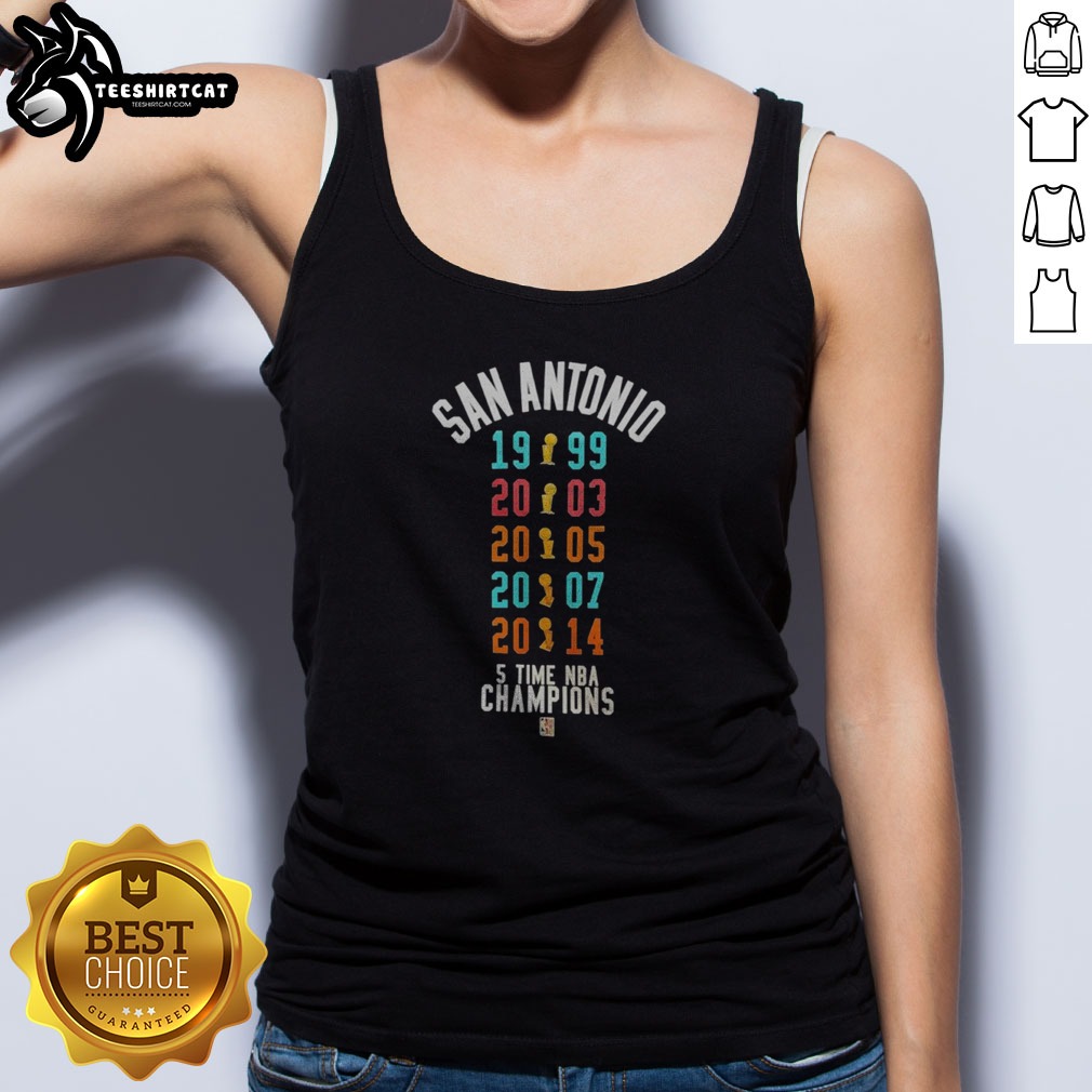 Premium San Antonio Spurs 5 Time NBA Champions 1999 2003 2005 2007 2014 Shirt on Tank Top Premium San Antonio Spurs 5 Time NBA Champions 1999 2003 2005 2007 2014 Shirt shown as a tank top preview