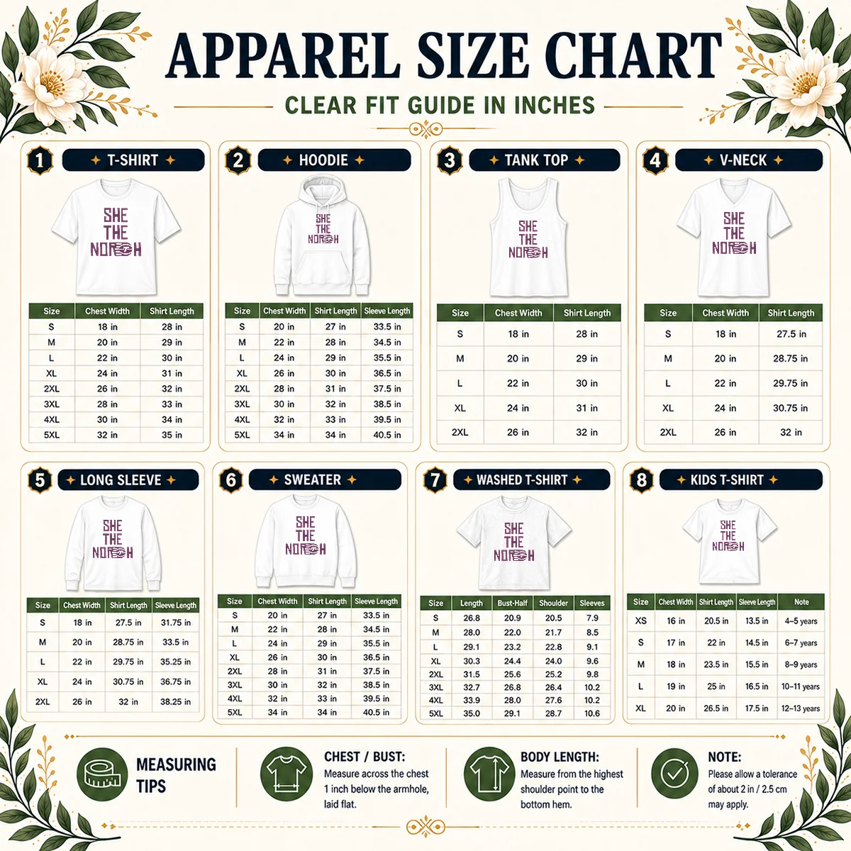 Premium Toronto Tempo She The North Size Chart Size chart for Premium Toronto Tempo She The North showing measurements in inches and cm