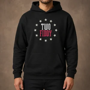 Premium Two Fiddy Stars Hoodie in dark grey with front pocket and adjustable hood, displayed on a flat-lay background