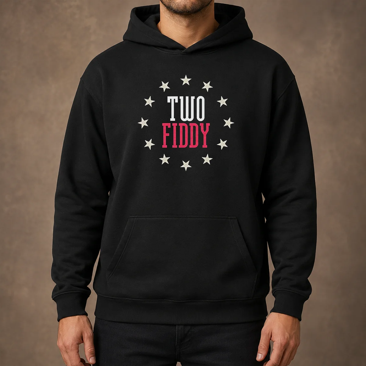 Premium Two Fiddy Stars Hoodie in dark grey with front pocket and adjustable hood, displayed on a flat-lay background