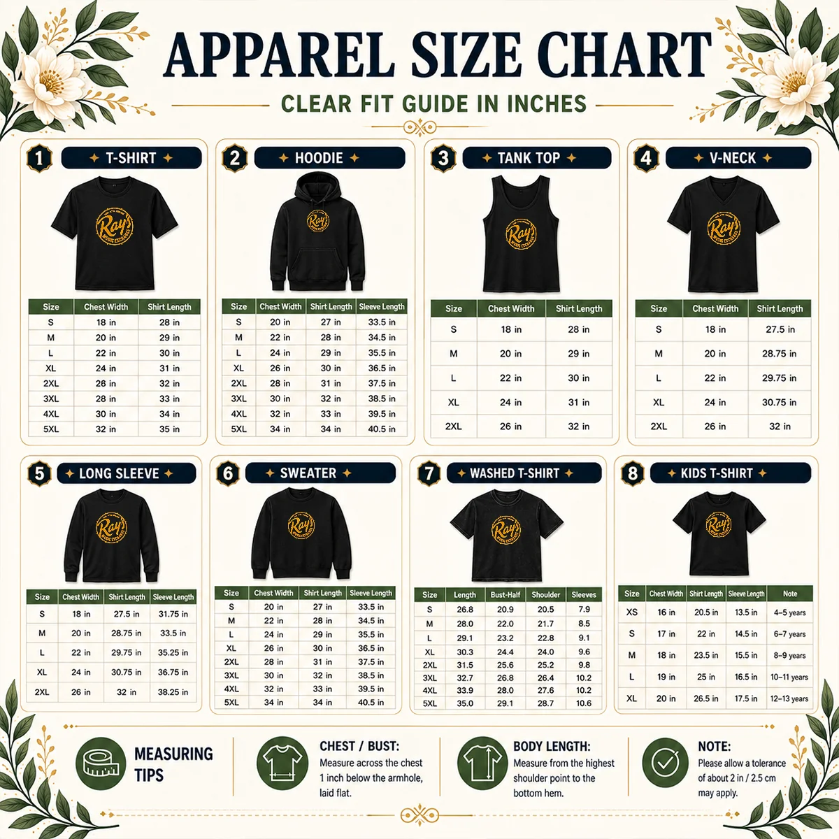 Pretty 300E 47th Chicago Music Exchange Size Chart Size chart for Pretty 300E 47th Chicago Music Exchange with measurements in inches and centimeters