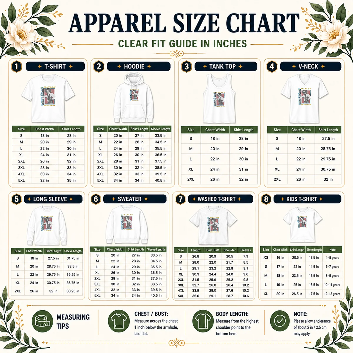 Pretty Nice Waylon Jennings Diamonds Ringer Size Chart Size chart for Pretty Nice Waylon Jennings Diamonds Ringer with measurements in inches and cm