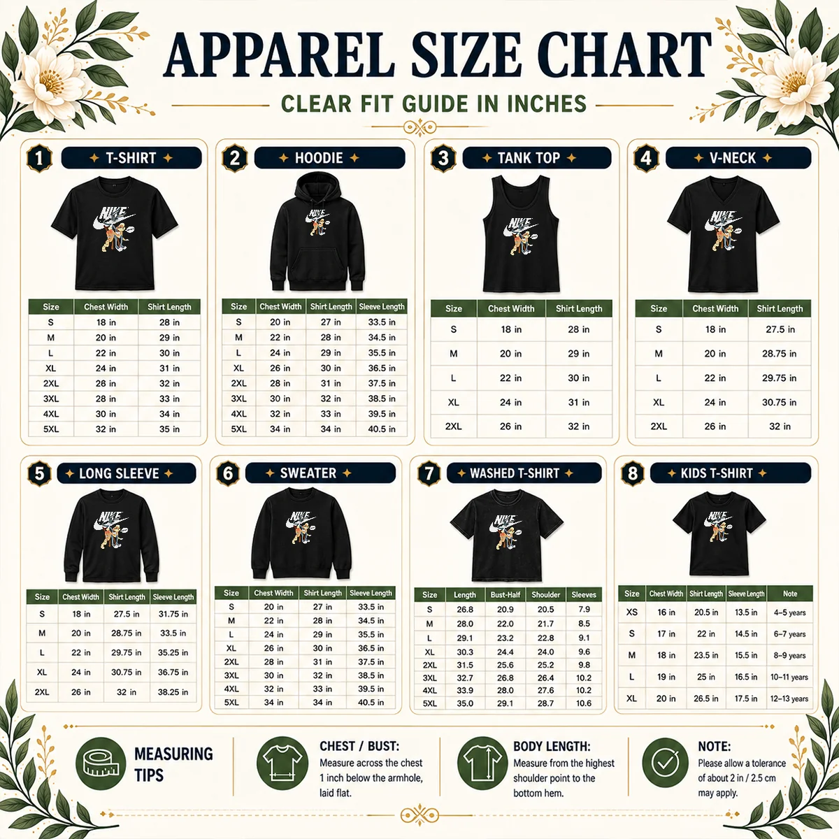 Pretty Nike Bugs Bunny Spanking Lola Size Chart Size chart for Pretty Nike Bugs Bunny Spanking Lola showing garment measurements in inches and cm