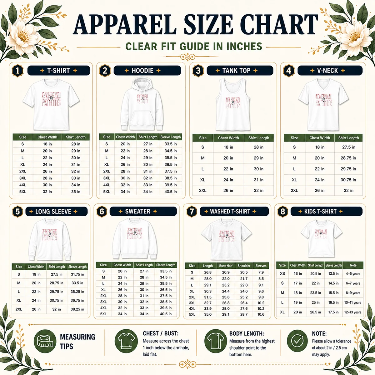 Pretty Robert Kraft New England Patriots Pat Patriot Size Chart Size chart for Pretty Robert Kraft New England Patriots Pat Patriot with measurements in inches and cm