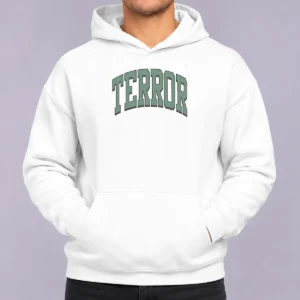 Pretty Terror Still Suffer Basketball Hoodie in black, featuring bold graphic print and comfortable fit