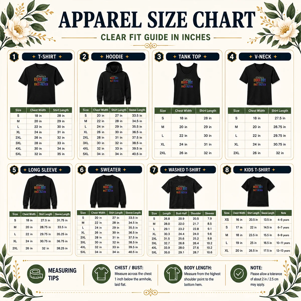Top I Guess It'S Hard For You To Separate Church From State When You Can'T Even Separate Fact From Fiction Size Chart Size chart for Top I Guess It'S Hard For You To Separate Church From State When You Can'T Even Separate Fact From Fiction with measurements in inches and cm