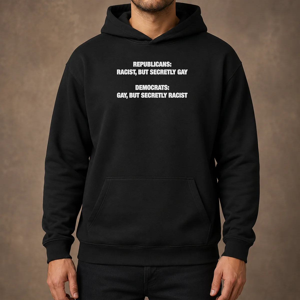 Top Nice Republicans Racist But Secretly Gay Democrats Gay But Secretly Racist Hoodie in black, front view with bold white text design