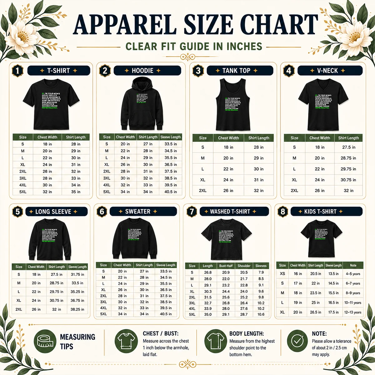 Awesome Hi I'M Your Mom'S Great Uncle'S Wife'S Grandma'S Niece'S Husband'S Size Chart Size chart for Awesome Hi I'M Your Mom'S Great Uncle'S Wife'S Grandma'S Niece'S Husband'S with measurements in inches and cm