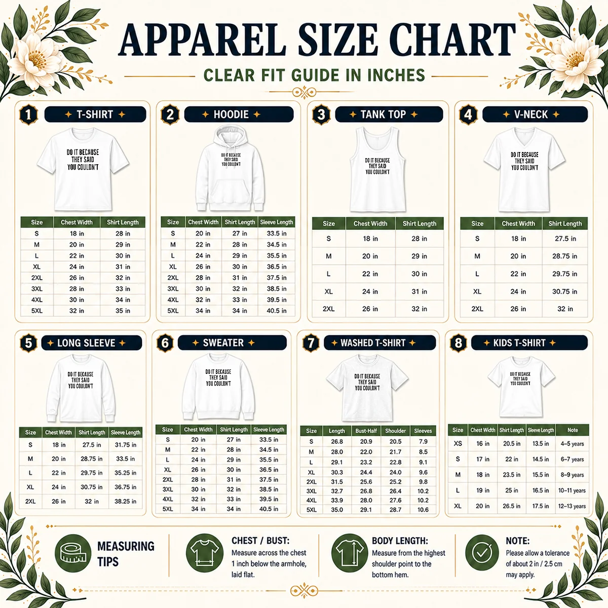 Awesome Hot Drake Do It Because They Said You Couldn'T Size Chart Size chart for Awesome Hot Drake Do It Because They Said You Couldn'T with measurements in inches and cm