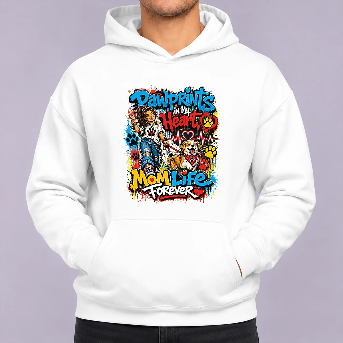 Dog Mom Pawprints Heartbeat Graffiti Hoodie