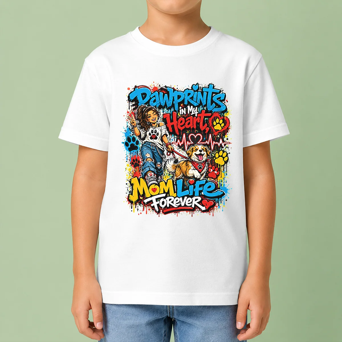 Dog Mom Pawprints Heartbeat Graffiti Kids T-Shirt