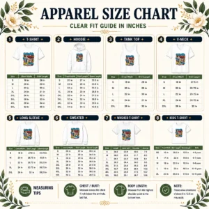 Size chart for the Dog Mom Pawprints Heartbeat Graffiti Shirt with measurements in inches and cm.
