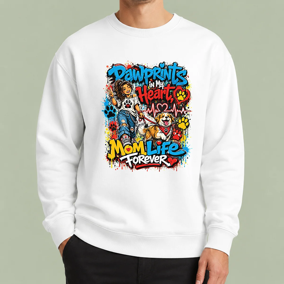 Dog Mom Pawprints Heartbeat Graffiti Sweater