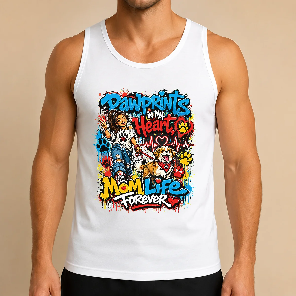 Dog Mom Pawprints Heartbeat Graffiti Tank Top