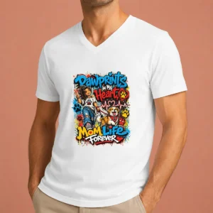 Dog Mom Pawprints Heartbeat Graffiti V-Neck Shirt