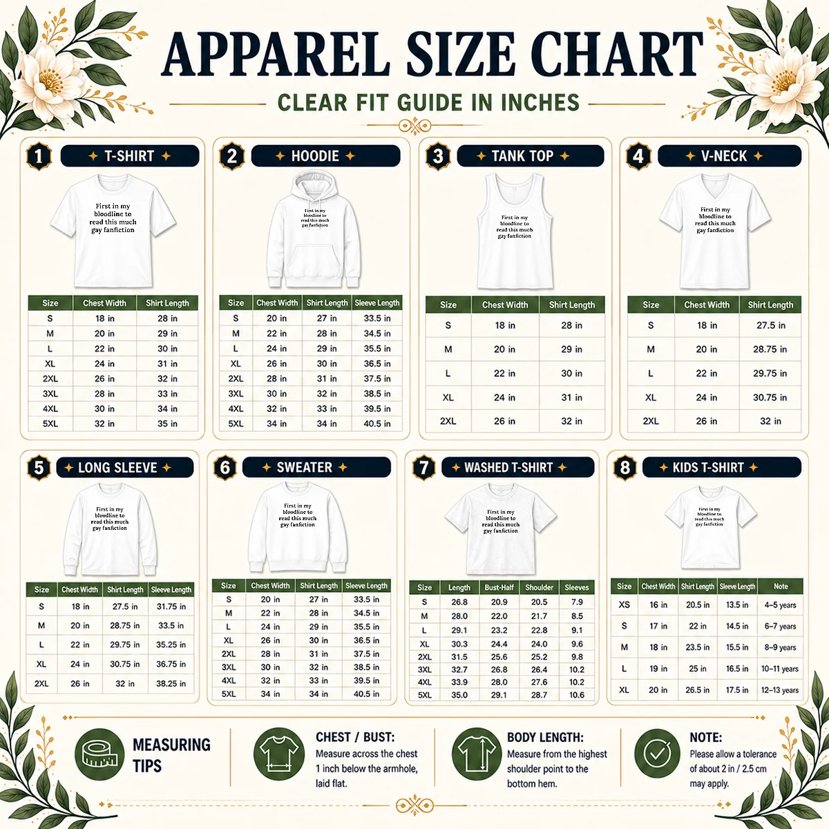 Funny First In My Bloodline To Read This Much Gay Fanfiction Size Chart Size chart for Funny First In My Bloodline To Read This Much Gay Fanfiction with measurements in inches and cm
