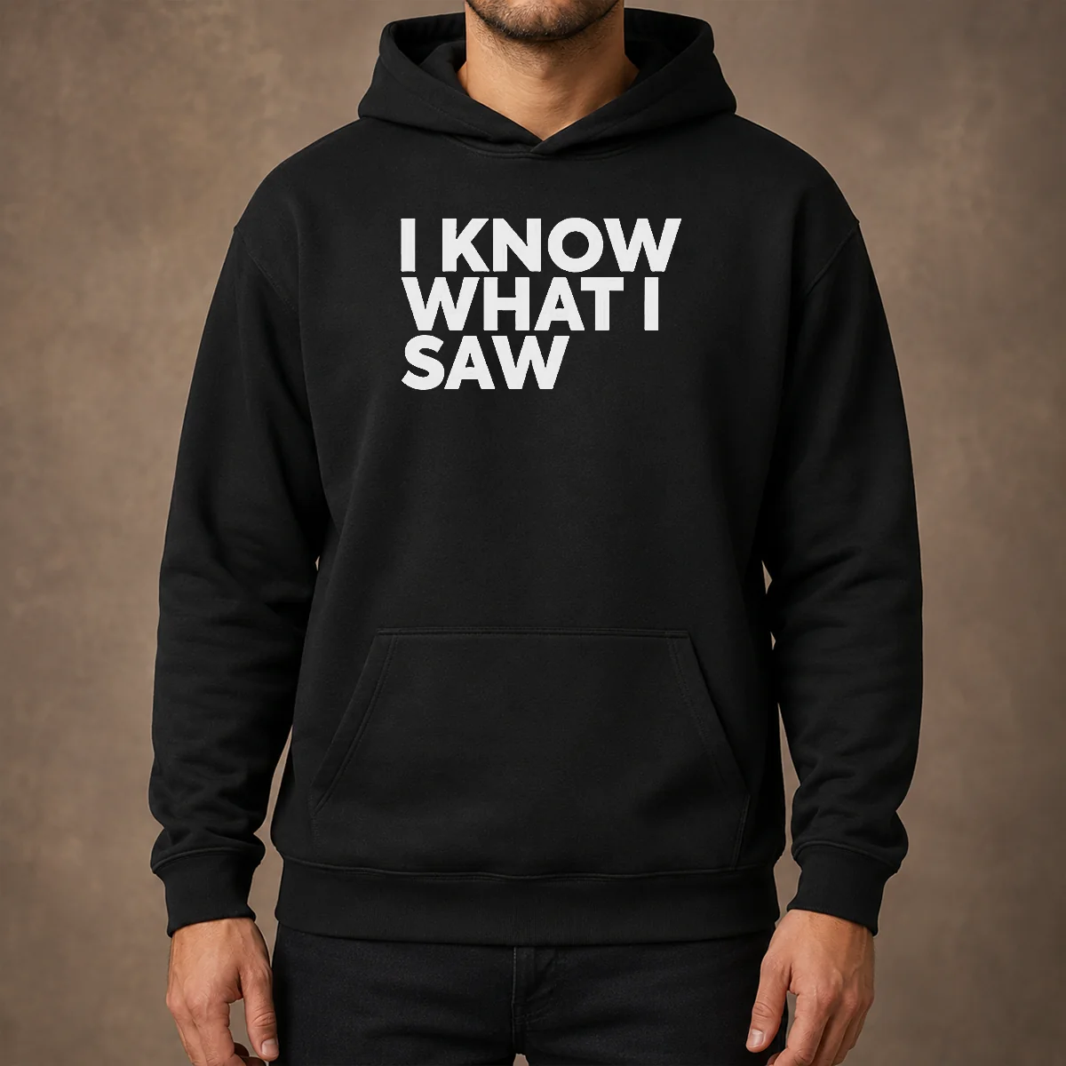 Funny I Know What I Saw Hoodie in charcoal gray with front graphic and kangaroo pocket