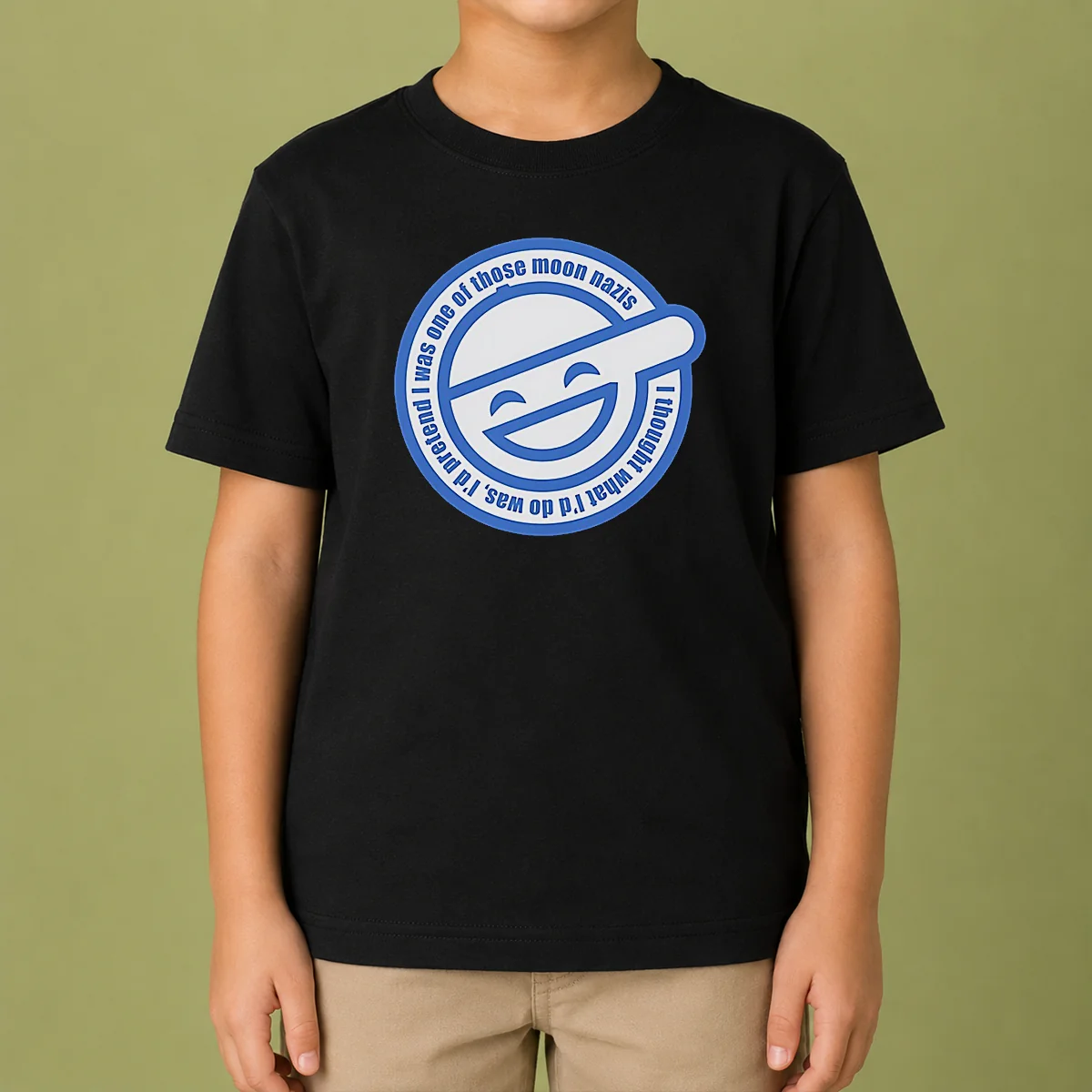 Funny Laughing Man Ghost In The Shell I Was One Of Those Moon Nazis I Thought What I'D Do Was kids t shirt with bold graphic print