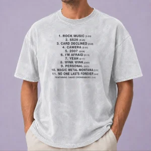 Funny No One Lasts Forever Featuring David Cronenberg Tracklist printed on a soft washed t shirt, front view
