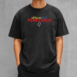 Funny Oremos Por Venezuela Religious Rosary printed on a soft washed t shirt in light grey