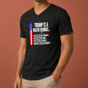 Funny Perfect Anti Trump Political Statement Trump Is A Math Genius Divides Country Subtracts Jobs Adds To Debt Multiplies Misery printed on a black V neck shirt