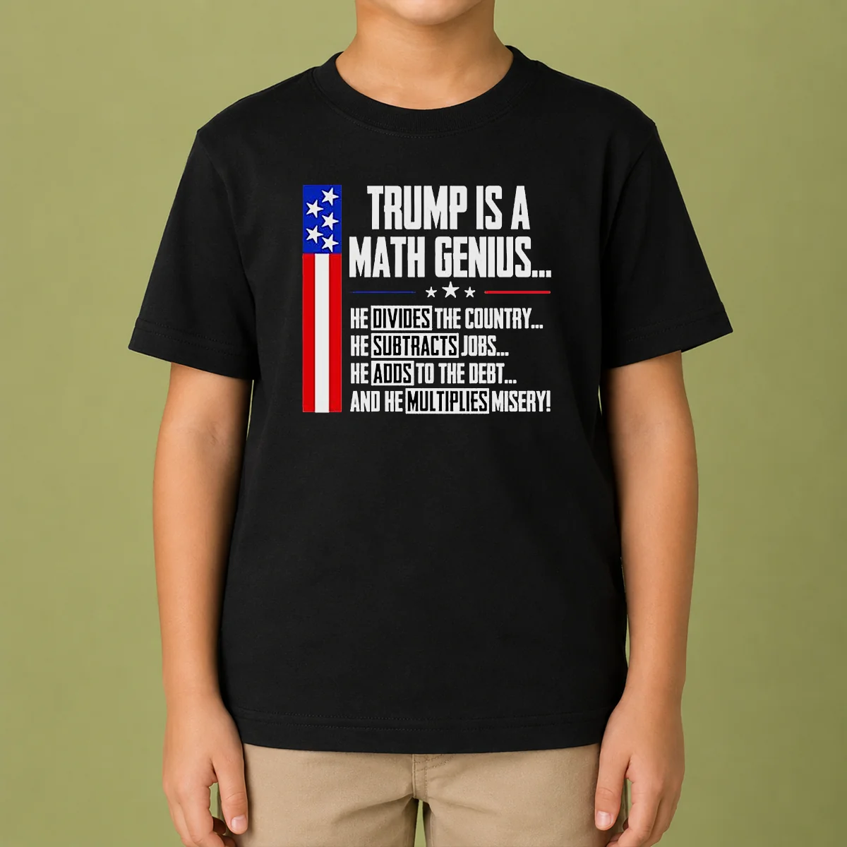 Funny Perfect Anti Trump Political Statement Trump Is A Math Genius Divides Country Subtracts Jobs Adds To Debt Multiplies Misery Kids