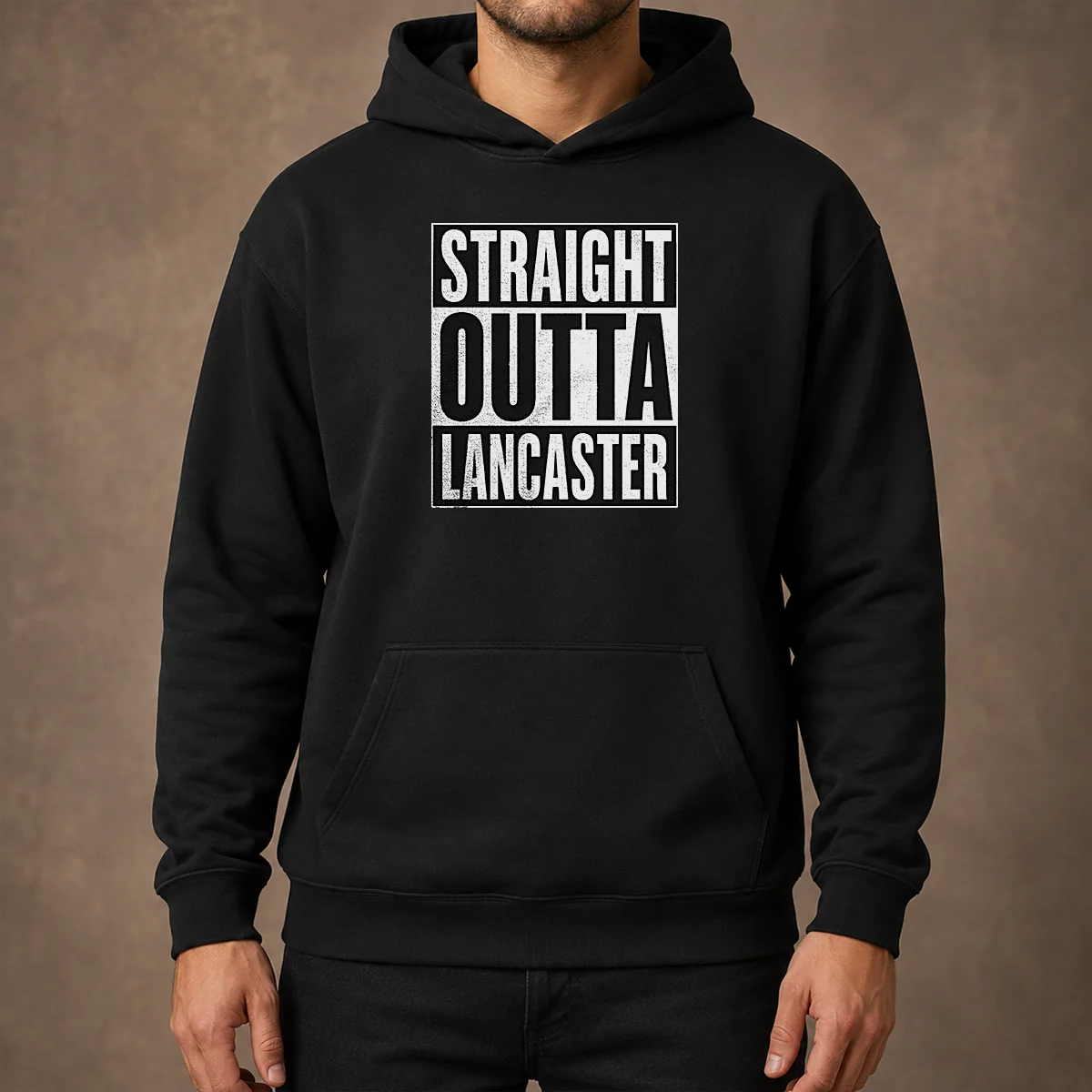 Funny Straight Outta Lancaster Hoodie displayed on a black pullover with front pocket and hood