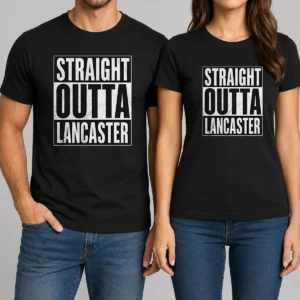 Funny Straight Outta Lancaster t shirt in white with bold black text on front, crew neck short sleeve cotton tee