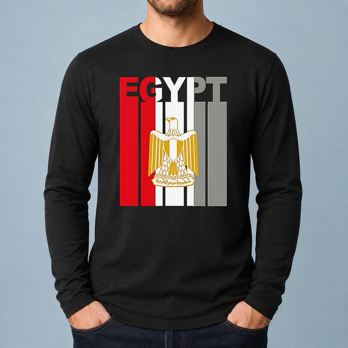 Good Egypt Flag Eagle Coat Of Arms Long Sleeve Shirt in white with detailed eagle emblem on front