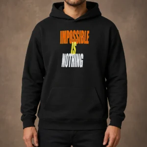 Good Impossible Is Nothing Slogan Hoodie in black with front slogan print and kangaroo pocket