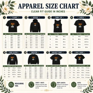 Size chart for Good Impossible Is Nothing Slogan with measurements in inches and cm