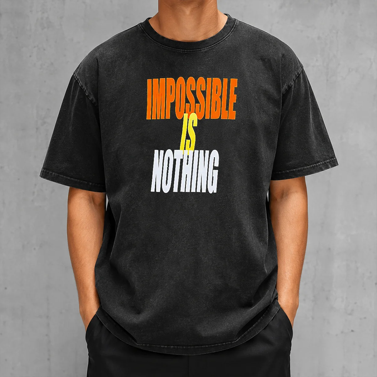 Good Impossible Is Nothing Slogan Washed T Shirt in soft cotton with vintage wash effect, front view