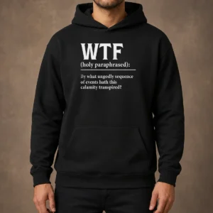 Good WTF Holy Paraphrased Hoodie in black with front graphic print and adjustable drawstring hood