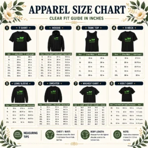 Good You Have Died size chart showing garment measurements in inches and cm for accurate fitting