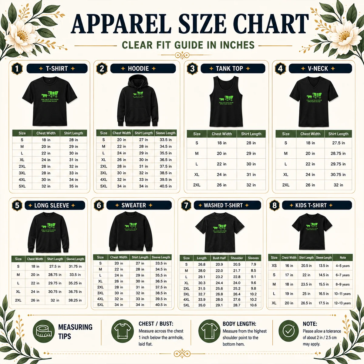 Good You Have Died Size Chart Good You Have Died size chart showing garment measurements in inches and cm for accurate fitting