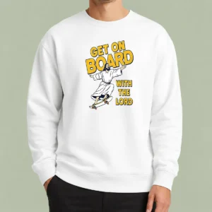 Happy Perfect Get On Board With The Lord Skateboarding Sweater in cozy knit fabric with vibrant graphic print