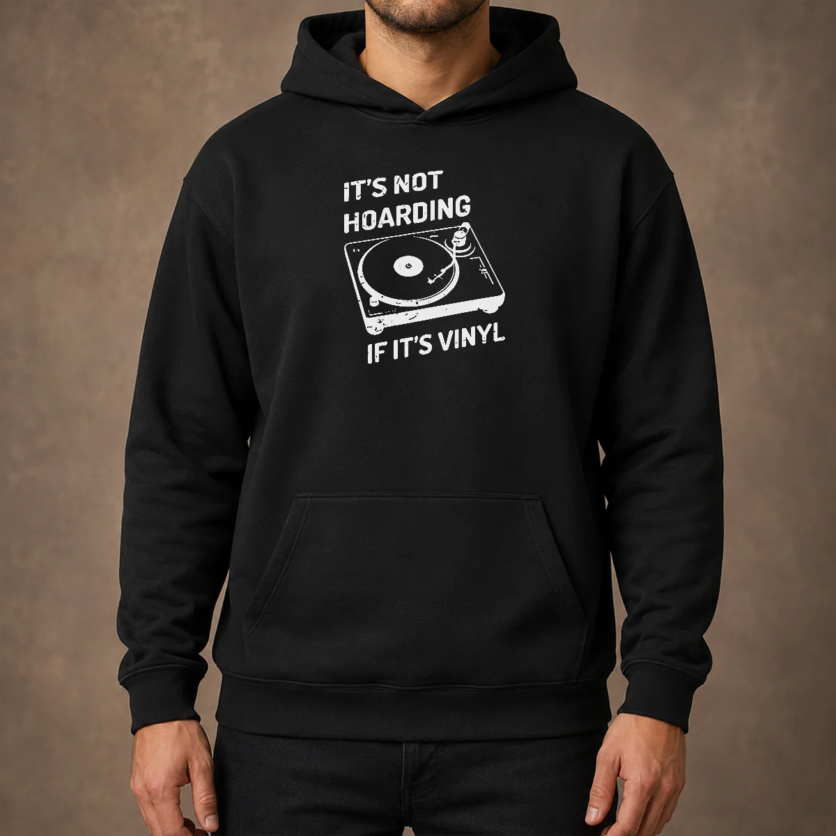 Hot It'S Not Hoarding If It'S Vinyl hoodie in black with front graphic print, displayed on a plain background