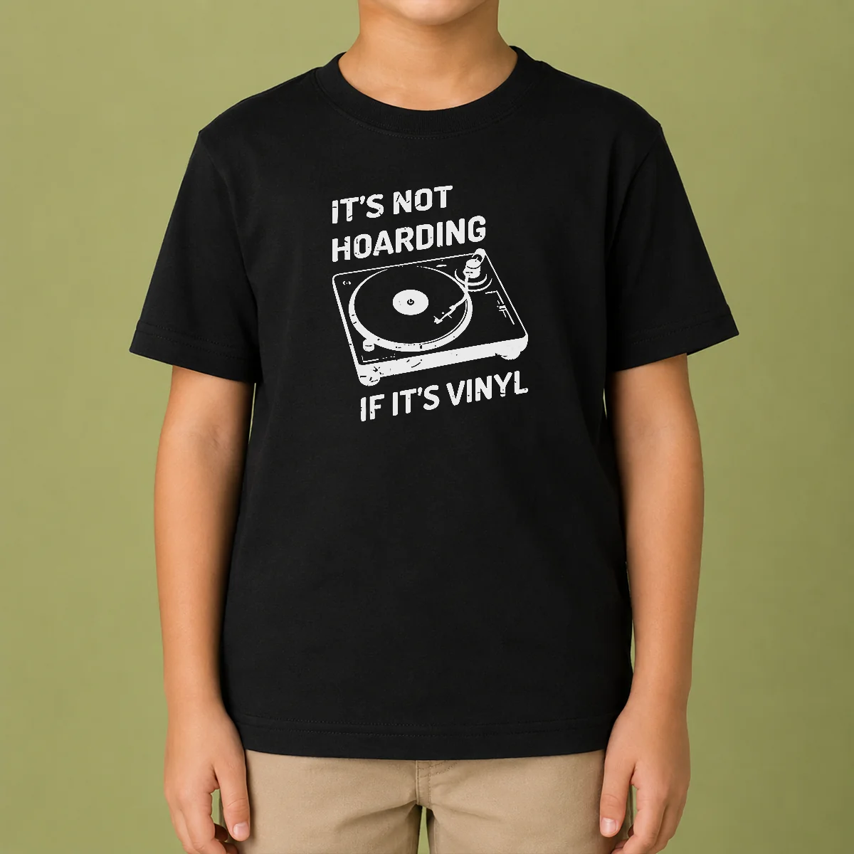 Hot It'S Not Hoarding If It'S Vinyl Kids T Shirt in white, featuring bold black text on a comfortable short sleeve cotton tee
