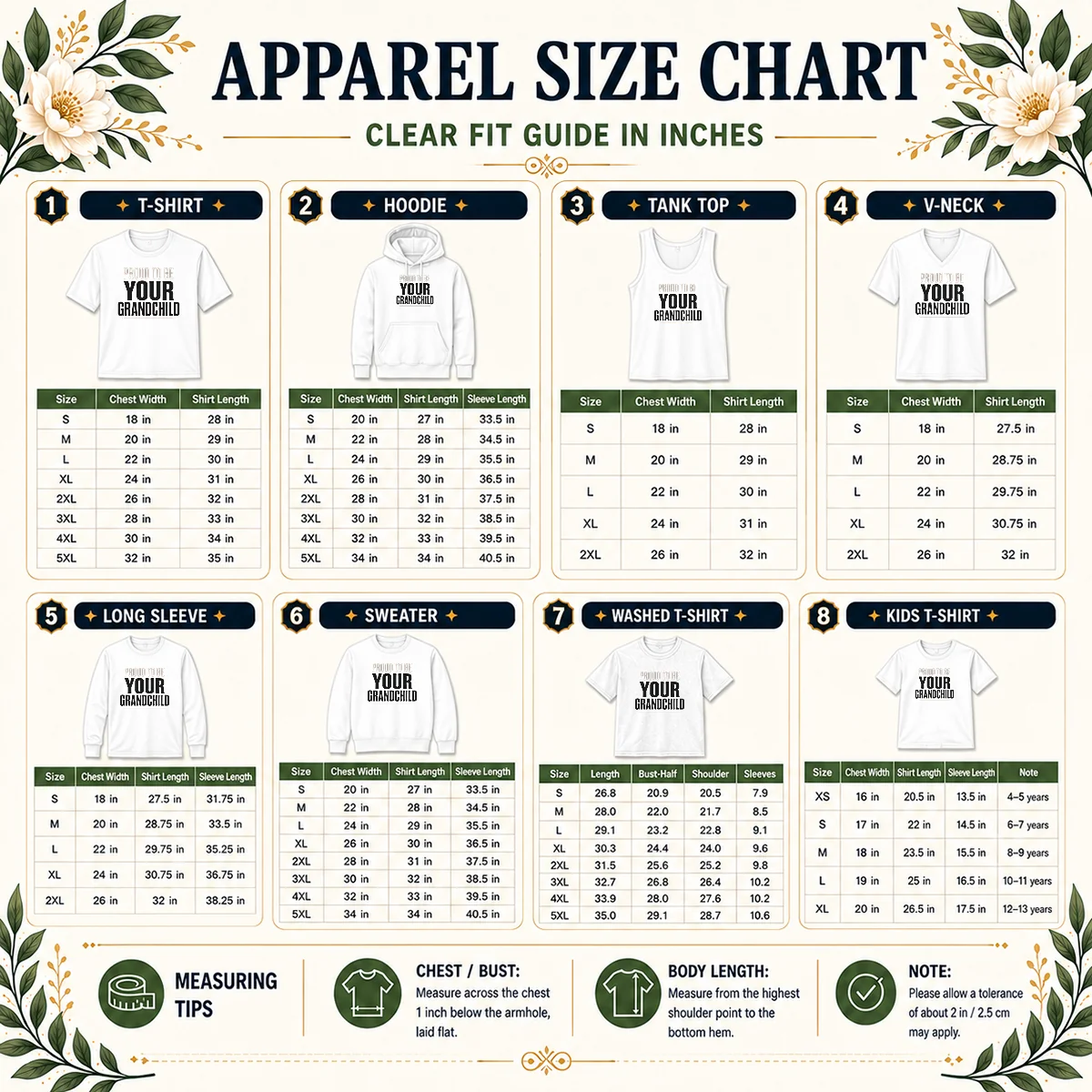 Nice Funny Grandparents Day Proud Grandchild Minimalist Size Chart Size chart for Nice Funny Grandparents Day Proud Grandchild Minimalist with measurements in inches and cm