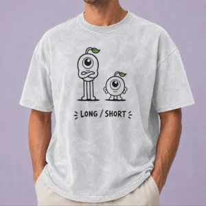 Nice Good Long And Short Character Comparison Educational Washed T Shirt showing front design on soft cotton fabric