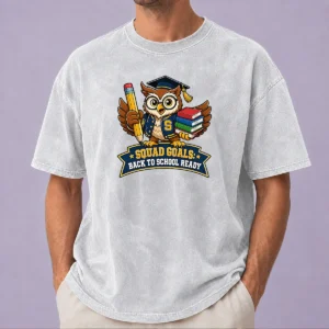 Nice Hot Back To School Owl Mascot Squad washed t shirt featuring a vibrant owl mascot design on soft cotton fabric