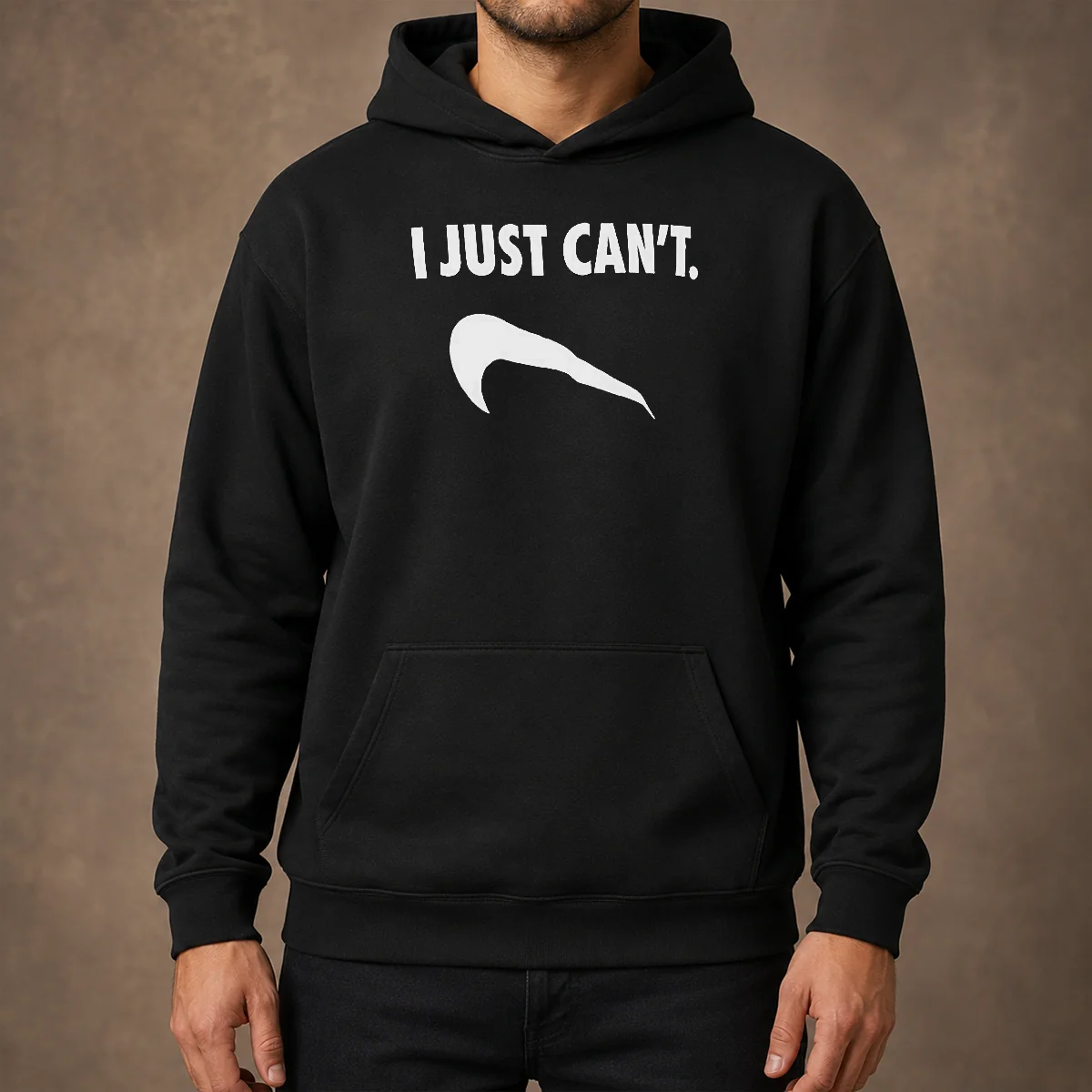 Nice I Just Can'T Slogan Phrase Typography Hoodie in black, front view with bold white text