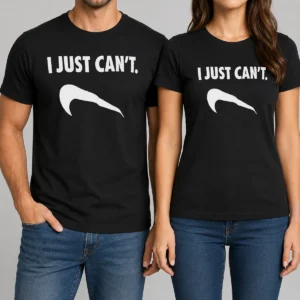 Nice I Just Can'T Slogan Phrase Typography t shirt in white, featuring bold black text on a classic crew neck tee