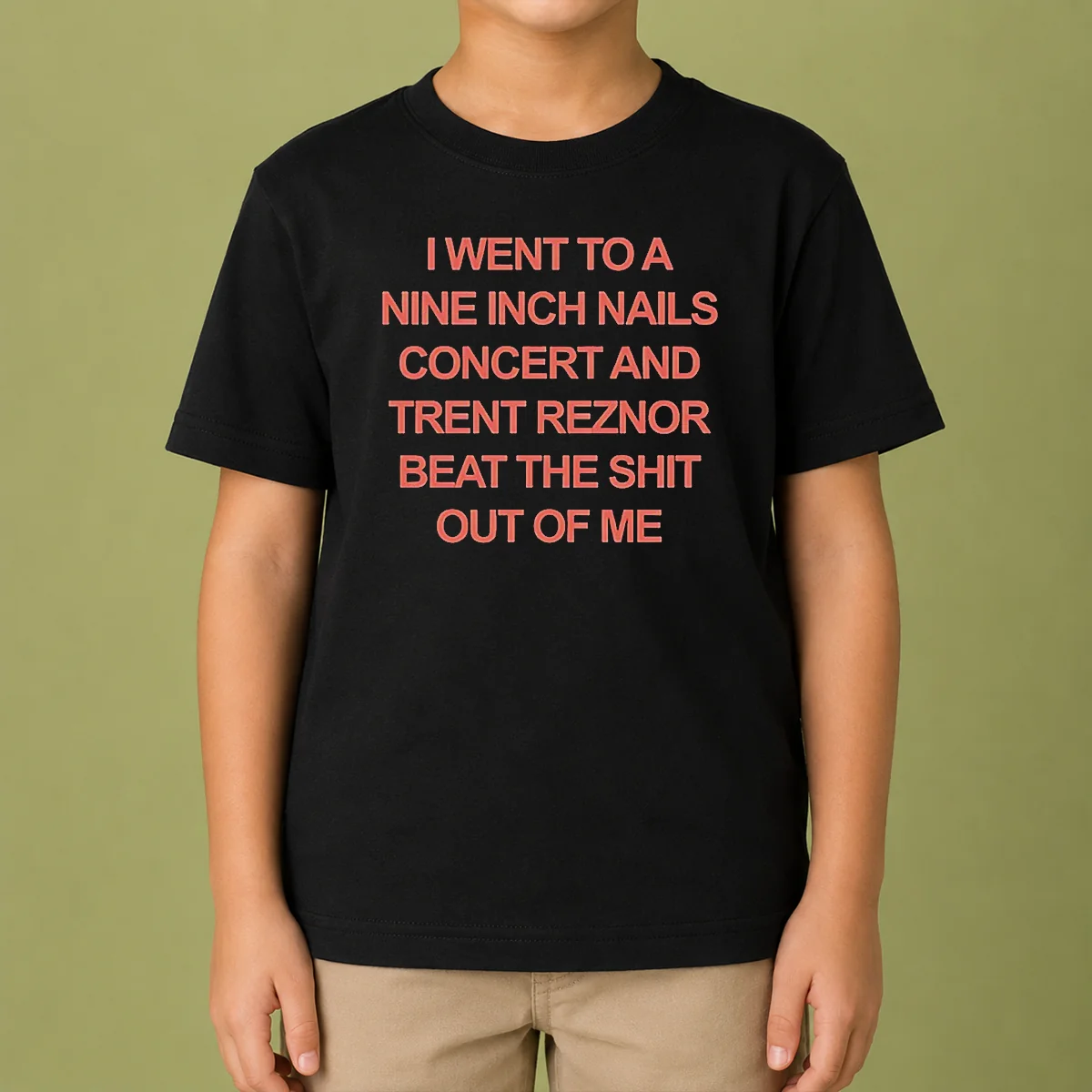 Nice I Went To A Nine Inch Nails Concert And Trent Reznor Beat The Shit Out Of Me kids t shirt in black, featuring bold white text