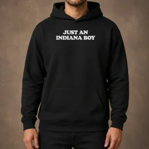 Nice Just An Indiana Boy Hoosier Midwest Home State Hoodie in dark gray, front view with kangaroo pocket and drawstring hood