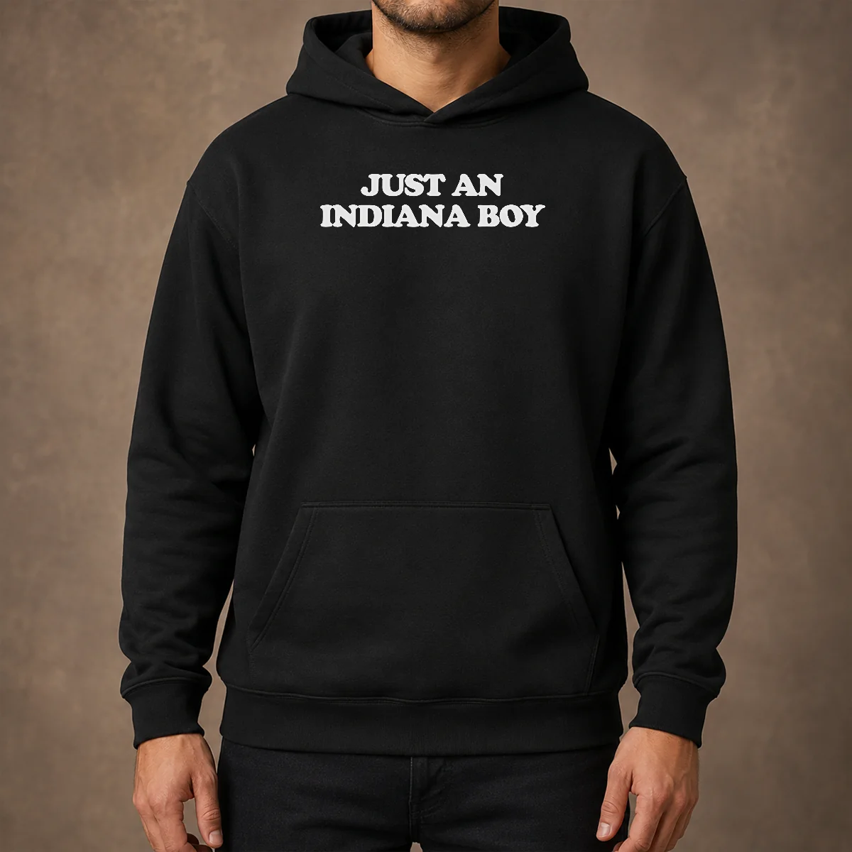 Nice Just An Indiana Boy Hoosier Midwest Home State Hoodie in dark gray, front view with kangaroo pocket and drawstring hood