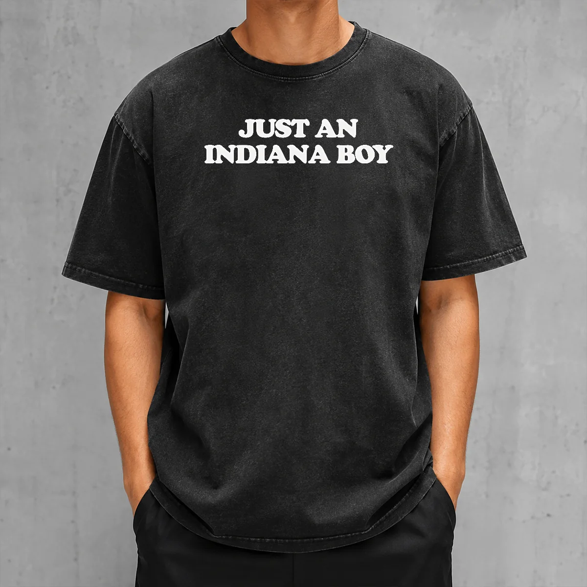 Nice Just An Indiana Boy Hoosier Midwest Home State washed t shirt in faded black cotton fabric